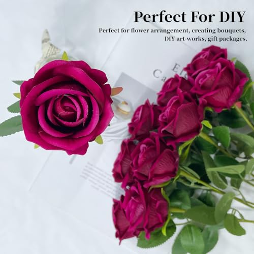 10 PCS Artificial Roses with Long Stems Silk Flowers Realistic Foam Flowers Fake Roses for Valentine's Day Home Wedding Halloween Decor(Rose Red) - color: Rose Red
