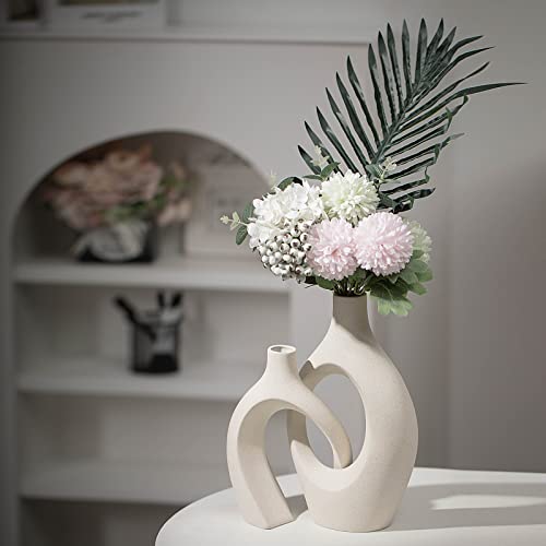 Liotww Extra Large Hollow Nordic Modern Ceramic Vases Set of 2, Milky White Aesthetic Round Donut Boho ins Style Flower Decorative Vase for Room Home Book Shelf Table Decor (Matte W 8" X H 11") - color: Super Large-matte Milky White