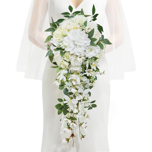 Serwalin 11Inch Bridal Bouquet White Green Wedding Bouquets for Bride Bridesmaid Artificial Wedding Flowers for Wedding Ceremony Anniversary - color: White