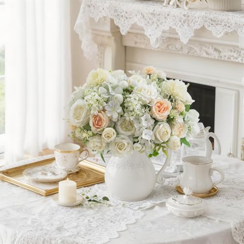 8 Pcs Mixed Artificial Peony Flowers Set-4 Bouquets & 4 Stems, White Fake Peony Rose Hydrangea Flower for Vase Silk Floral Arrangements for Table Centerpiece Wedding Party Bridal Decoration Home Decor - color: White, size: Mixed 8pcs