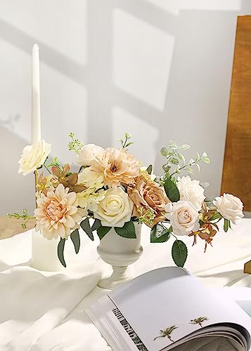 Nude Color Artificial Flowers Set - Fake Roses, Peonies, Dahlia, Silk Flowers with Stems for DIY Wedding Bouquets,Floral Arrangement,Table Centerpieces,Baby Shower, Home Decor - color: Champagne