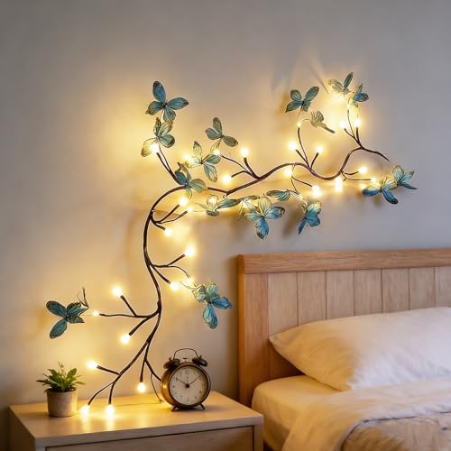 Blue Butterfly LED Tree Branch Lights for Wall, Butterfly Vine Lights for Bedroom with 72 LED Flower String Lights and USB Powered,8Lighting Modes for Indoor Window Wedding Decor (63in) - size: 63in, style: Blue butterfly