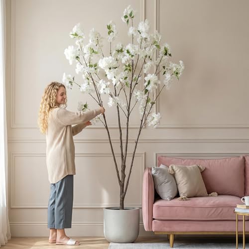 Ttranewsoo Fake Tree Cherry Blossom Tree Artificial Cherry Blossom Tree Tall Fake Plant Faux Trees Indoor Fake Trees Artificial Trees Home Decor Indoor Applies to Living Room Bedroom (81.9'' White) - color: 2m White