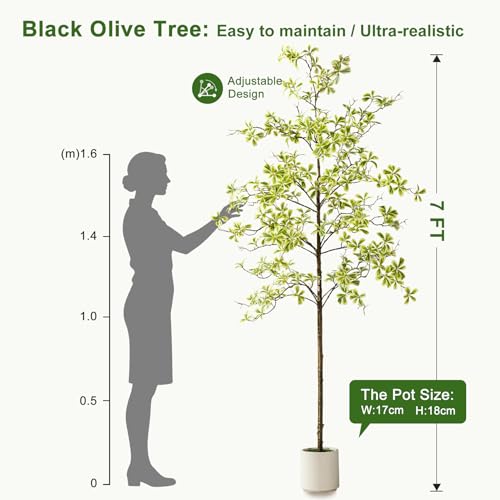 Bailikang 7FT Artificial Black Olive Tree Artificial Olive Plants, Tall Faux Olive Tree Faux Silk Plant Fake Plant Ultra-Realistic Silk Leaves & Natural Trunk Indoor Outdoor Use - color: White Olive Tree, size: 7ft