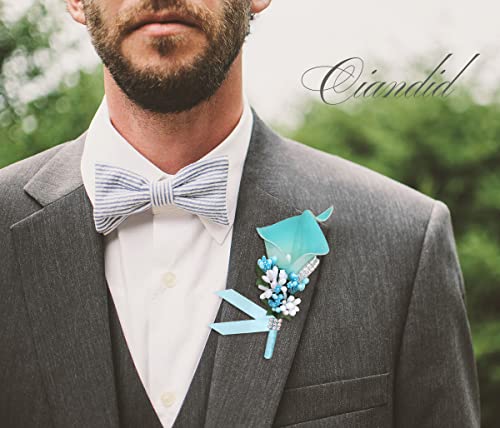 Ciandid Calla Lily Boutonnieres Set of 6, Groom Groomsman Best Man Boutonniere, Handmade Silk Flower for Wedding Ceremony Anniversary (Calla Lily-Blue, 6pcs) - color: Turquoise