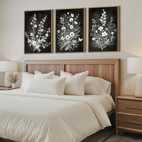 BINCUE Framed Black and White Floral Wall Art Set of 3 Botanical Wall Decor Flowers Paintings Botanical Art Prints White Floral Wall Pictures Black Artwork for Living Room Bedroom Office Farmhouse 16x24 Inches - color: Black White Flower, size: 24"L x 16"