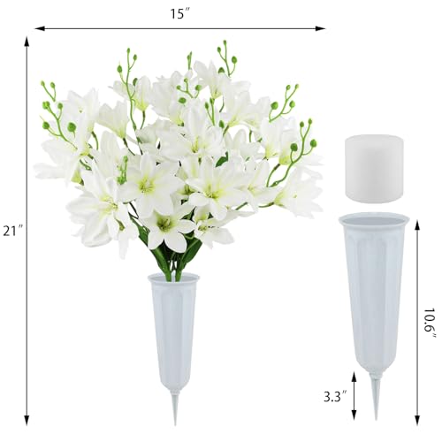 Artificial Cemetery Flowers with Vase -2 Set of White Silk Memorial Orchids with Headstones Vase for Grave Graveyard Decoration - color: 2 White
