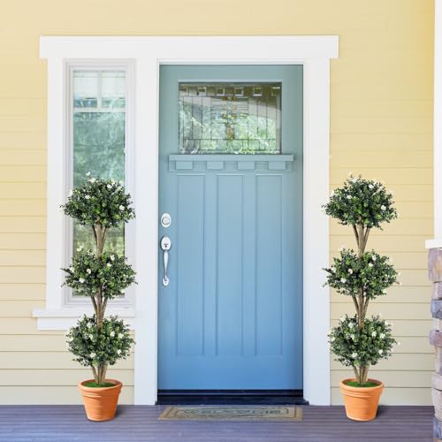 Goplus 51" Artificial Triple Ball Boxwood Topiary Tree, Faux Bush Plant with 59 Blossoms, Cement-Filled Plastic Pot, Sun-Resistant Indoor Outdoor Fake Greenery for Porch Home Decoration Housewarming - color: White