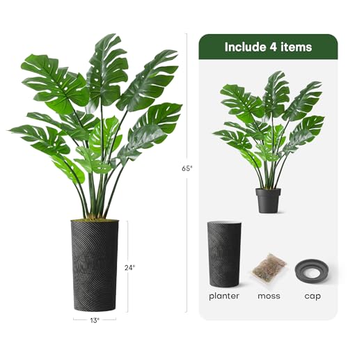 Artificial Tree in Geometric Spiral Pattern Planter, Fake Monstera Silk Tree for Indoor and Outdoor Home Decoration - 65" Overall Tall (Plant Pot Plus Tree) - style: Monstera Plant