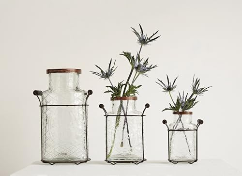 Creative Co-Op Glass vase in Metal Stand with Metal Frog Lid - size: Large