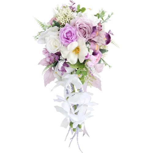 11 Inch Cascading Bridal Bouquet Waterfall Cascade Wedding Bouquet Bride with Artificial Silk Rose Flower Rustic Boho Wedding Ceremony Bouquet Lavender White - color: Lavender & White