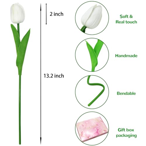 28pcs White Flowers Artificial Tulip Stems Real Feel PU Tulips for Easter Spring Wreath Wedding Bouquet Centerpiece Floral Arrangement Cemetery Table Décor 13" Tall - color: White