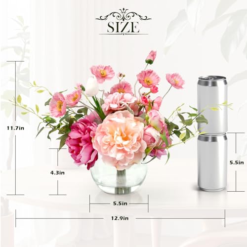 Artificial Flowers in Vase,Realistic Silk Peonies and Tulip Faux Flowers with Faux Water,Perfect for Table Centerpiece,Wedding,Fuchsia Fake Peonies in Vase for Floral Arrangements - color: Mix Peony-fuchsia