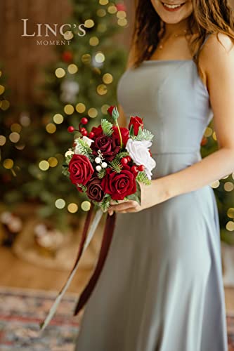 Ling's moment Artificial Bridesmaid Bouquets Set of 4,Red Wedding Flower Bouquets Floral Bouquet Christmas Bridal Bouquets with Ribbon,Ceremony,Anniversary,7-inch Diameter - color: Red-christmas Red