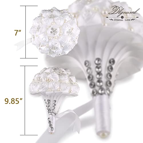 Handmade Wedding Flowers Bridal Bouquets Crystal Bride Holding Bouquet White Ivory Satin Roses with Diamond Pearl Ribbon.(allwhite) - color: Allwhite