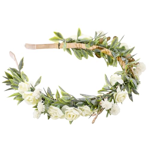 White Flower Crown Headband, Artificial Fairy Rose Floral Headpiece, Bridal Boho Flower Headbands for Women Girls Maternity Birthday Wedding Renaissance Festival Party Hair Accessories - color: White