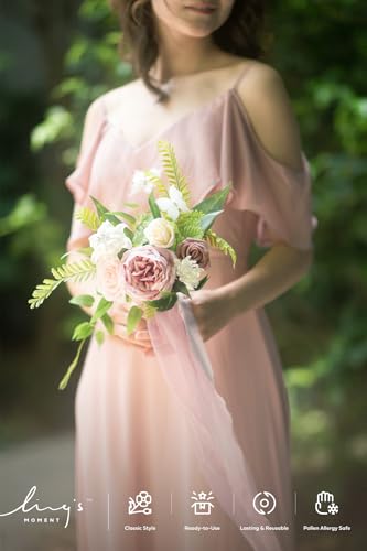 Ling's moment Artificial Bridesmaid Bouquets Set of 6,Dusty Rose Wedding Flower Bouquets Pink Floral Bouquet Bridal Bouquets with Ribbon,Ceremony,Anniversary,7-inch Diameter - color: Pk-dusty Rose & Cream