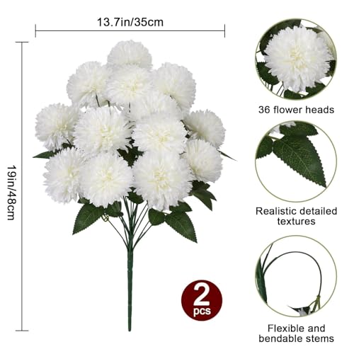 Zythrem Artificial Flowers for Cemetery 19" White Flowers Artificial Chrysanthemum Flowers Silk Floral Arrangements for Mother's Day Home Decor Memorial Day Wedding Table Centerpiece 2 Bouquets - color: White1