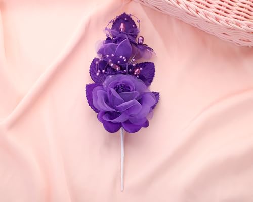 Set of 12 Artificial Silk Organza Craft Rose Flower, 12 Corsage Wristlet, 12 Pin Back DIY Boutonnieres for Wedding, Bridesmaids, Groomsmen, Quinceanera, Prom, Sweet 16 (Purple) - color: Purple