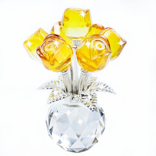 TWINKLING Crystal Roses Figurine with Round Vase, Glass Rose Crystal Flowers Bouquet, Birthday, Anniversary,Wedding, Home Décor,Silver Leaf (Yellow) - color: Yellow(silver Leaf)