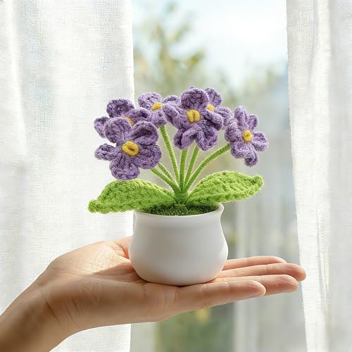 LAIDANLA Purple Crochet Flowers Forget Me Not, Small Handmade Flower Potted Plants for Desk, Anniversary Graduation Appreciation Birthday Gifts for Women Mom Teacher Coworker Friend - color: Purple