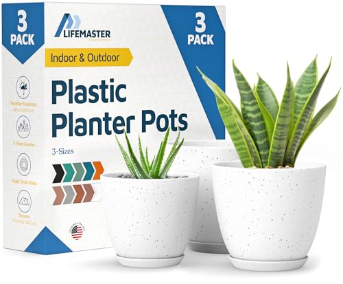 White Grey Plant Pots with Drainage Holes & Saucers 3 Pack, Indoor & Outdoor Stackable Space-Saving Planters for Houseplants & Flowers, (7", 6.7", and 6" Inches), Durable & Weatherproof Materials - color: White Gray, size: Pack of 3