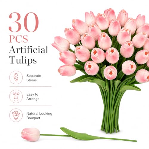 MACTING 30 PCS Artificial Tulip Flowers 13.7" Real Touch Fake PU Tulips Bouquet Faux Flowers for Floral Arrangements Table Centerpieces Kitchen Indoor Home Mothers Day Decorations,Peach Pink - color: Peach Pink