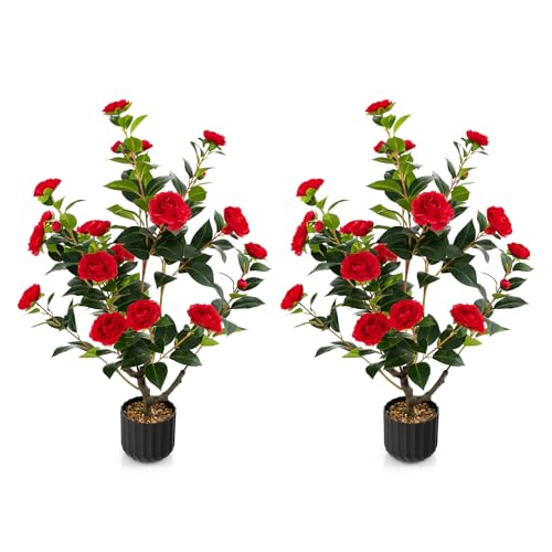 DREAMADE Artificial Camellia Tree Set of 2, 38” Tall Potted Plants Artificial Decoration w/Cement Pot, 24 Flowers, Decorative Bonsai, Faux Plant Greenery for Indoor Living Room Office Dining Room - color: Red,2