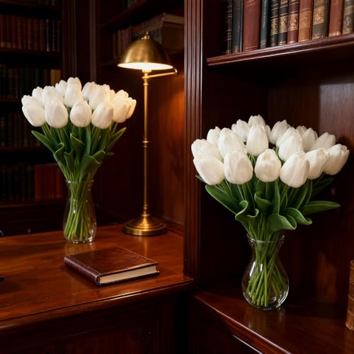 20pcs–13.5 Inch White Tulips Artificial Flowers Mother's Day Easter Valentine’S Day Gifts in Home Kitchen Wedding Dining Table Decorations Faux Flowers