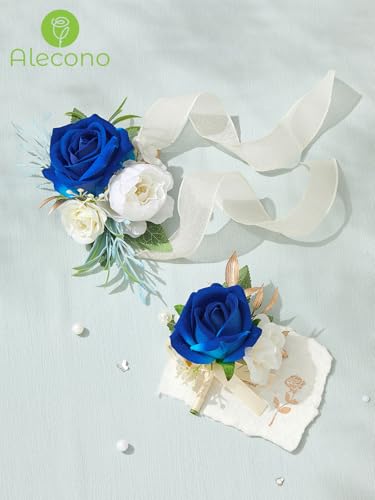 Alecono Navy Blue Corsage and Boutonniere Set, Rose Corsage Wristlet with Adjustable Ribbon and Boutonniere Supplies for Wedding Graduation Prom Flower Accessories Suit Decorations - color: Navy Blue, size: Corsage and Boutonniere Set
