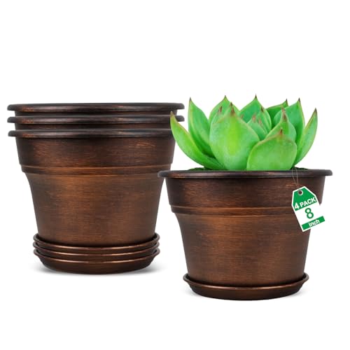 Plant Planters Pots Set of 4 Pack 8 Inch, Plastic Flower Pot For Indoor Plants With Drainage Holes & Trays, Resin Decorative Container Sets With Saucer For House Outdoor Garden Planters Copper - color: Copper, size: 8 inch-4 pack