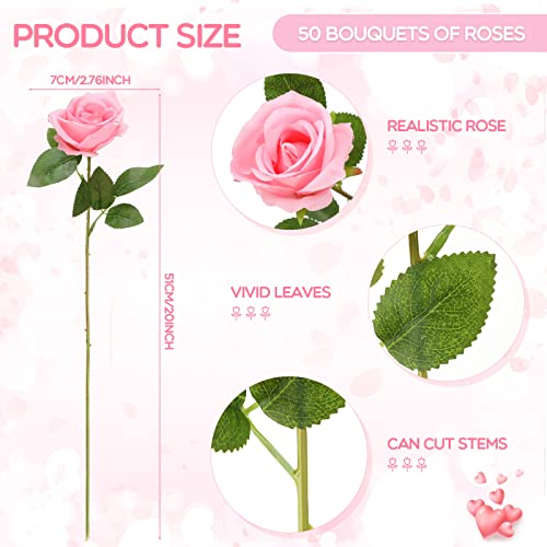 Jexine 50 Pcs Artificial Rose Flower Bulk Realistic Silk Fake Roses with Long Stem Plastic Artificial Flower Bouquet Real Looking for Home Wedding Centerpieces Party Decoration(Pink) - color: Pink