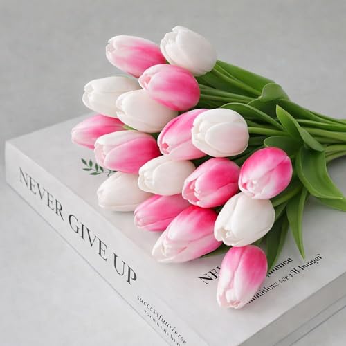 20 Pcs Tulips Artificial Flowers, 13.5'' Real Touch PU Fake Flowers Bouquet for Home Party, Spring Wedding Floral Arrangement, Valentine's, Easter and Mother's Day Decor (White,Rose Red) - color: White,rose Red