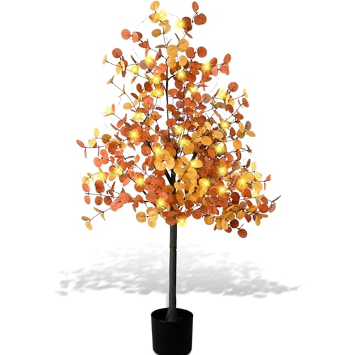 4ft Fall Light up Tree Lighted Eucalyptus Tree Artificial Autumn Ficus Fall Thanksgiving Decor Artificial Faux Plant Trees Decor for Party Porch Fireplace Front Door Outdoor Indoor Decoration - color: Orange