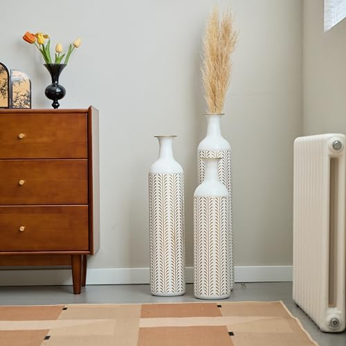 Metal Floor Vases Decorative, Set of 3 Flower Arrangement Stand, Tall Gold＆White Metal Floor Vases for Living Room, Bedroom & Entryway, 33.4", 28.74", 24.1" H (White＆Gold) - color: White＆gold