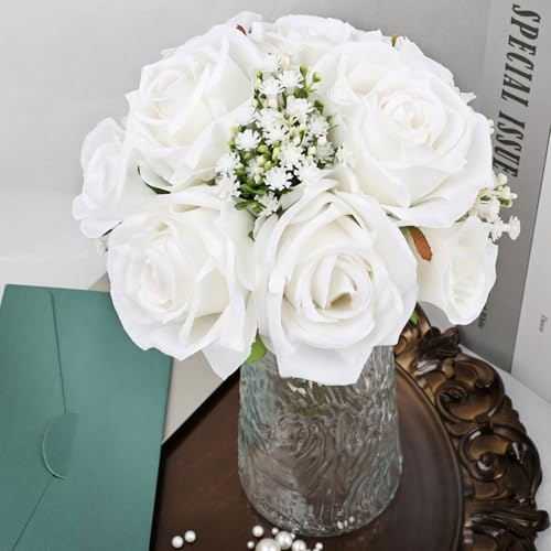 Wedding Bridesmaid Bouquets Set of 2, Artificial Silk Flowers Arrangement for Ceremony Marriage Proposal Party Anniversary Decorations - White - color: White, size: Set of 2 Bouquets