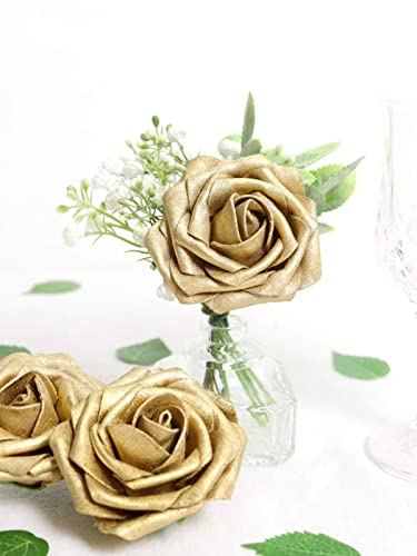 Artificial Flowers 50PCS Real Looking Gold Roses Fake Roses with Stem for DIY Wedding Bouquets Centerpieces Party Baby Shower Home Decorations - color: Gold, size: 3"/50pcs