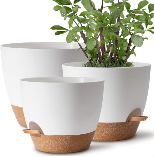 TYMENSH Plant Pots 12/10/9 Inch Set of 3, Self Watering Planters with Drainage Holes and Water Reservoir, Heavy Duty Plastic Flower Pots for Indoor Outdoor Plants, White - color: White