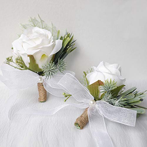 Floroom Ivory Rose Boutonnieres for Best Men Groom Groomsmen White Wedding Prom Set of 2 - color: 2 Boutonnieres