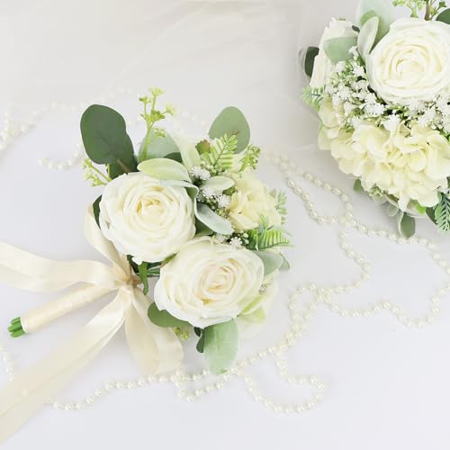 Set of 2 Bridesmaid Bouquets for Wedding - Silk Artificial Ivory Bridesmaid Flowers, Pre-Made Roses Sage Green Boho Bridal Floral for Bride Party Ceremony Anniversary Decoration - 9inch - color: White-2, size: Set of 2 Bridesmaid Bouquets