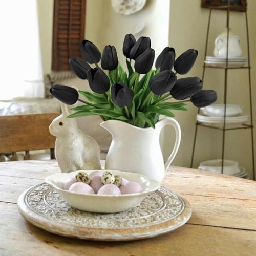 Beferr Black Tulips Artificial Flowers 18pcs Faux Tulip Real Touch Fake Flowers Bouquets for Halloween Easter Gifts Home Party Wedding Table Decorations - color: O-18pcs-1colors-black, size: 18PCS