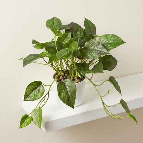 Artificial Plants Faux Pothos with Plastic White Pot Artificial Potted Plant for Home Office Bedroom Indoor Outdoor Decor 1 Pack(Dark Green)