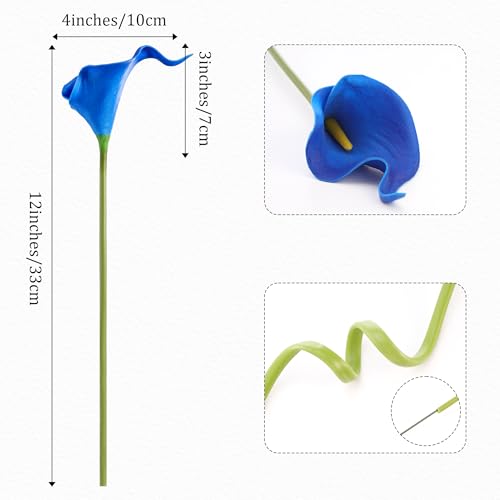 Artificial Calla Lily 12Pcs Blue Real Touch Faux Flowers for Wedding Bouquet, Bride Bridal Shower, Spring Home Kitchen Table Decor, Fake Lilies for Centerpieces, Party Decorations - color: Blue