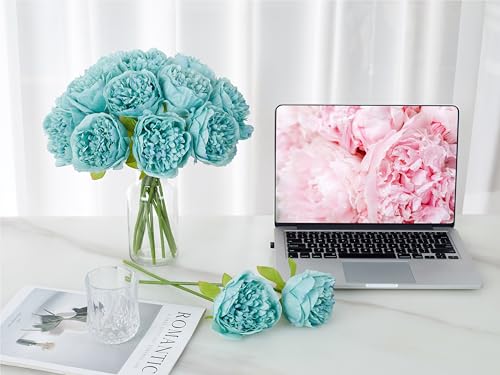 SITUMEIZI 10PCS Artificial Peony Flowers, Real Touch Fake Silk Bouquet with Stems for Home Mothers Day Wedding Party Centerpieces Table Decoration Indoor(Teal) - color: Teal