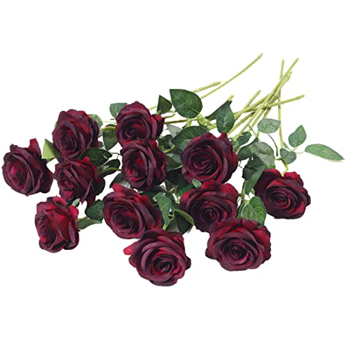 Laelfe 12 PCS Artificial Flowers Roses Silk Flowers Fake Long Stem Artificial Roses for Home Wedding Bathroom Kitchen Decorations (Wine Red) - color: Wine Red