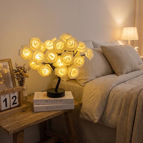 Drawelry Rose Flower Tree Lamp - LED Rose Tree Table Lamp USB/Battery Powered Artificial Bonsai Flower Night Light for Bedroom Living Room Party Wedding Valentines Mothers Day Decor (Cream) - color: Cream