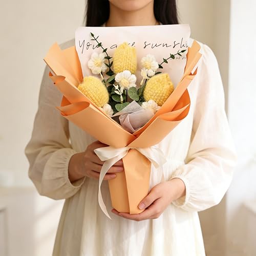 Crochet Flowers Bouquet for Her Handmade Crochet Tulips Artificial Eucalyptus Includes Handheld Gift Box and Card for Home Decor Anniversary Birthdays Mother's Day Graduation Gifts (Yellow) - color: Yellow