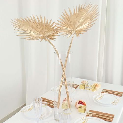 Efavormart 2 Pack 34 inch Shiny Metallic Gold Artificial Fan Palm Leaf Stems, Tall Faux Tropical Foliage for Stately Floor Vases and Modern Event Styling - color: Type6