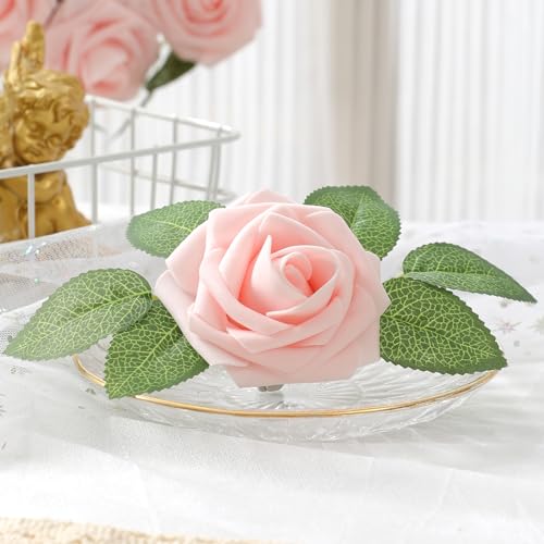 DerBlue 60pcs Artificial Roses Flowers Real Looking Fake Roses Artificial Foam Roses Decoration DIY for Wedding,Arrangements Party Home Decorations - color: Blush Pink