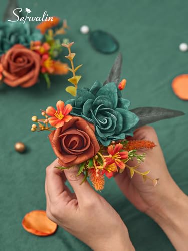 Serwalin 2 Pcs Boutonniere, 6-7 Inch Teal Orange Corsage for Wedding, Boutonniere for Men Groom and Best Man Prom Ceremony Anniversary Party Suit - color: Teal Orange, size: Boutonniere-2pcs